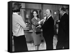 MARNIE, 1964 directed by ALFRED HITCHCOCK On the set, Tippi Hedren and Alfred Hitchcok (b/w photo)-null-Framed Stretched Canvas