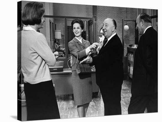 MARNIE, 1964 directed by ALFRED HITCHCOCK On the set, Tippi Hedren and Alfred Hitchcok (b/w photo)-null-Stretched Canvas