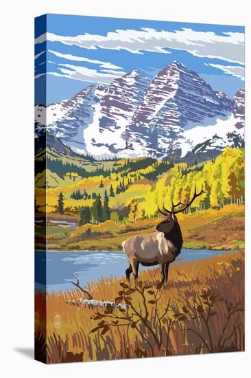 Maroon Bells and Elk-Lantern Press-Stretched Canvas