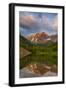 Maroon Bells reflect into calm Maroon Lake near Aspen, Colorado, USA-Chuck Haney-Framed Photographic Print