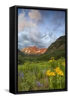 Maroon Bells reflect into calm Maroon Lake near Aspen, Colorado, USA-Chuck Haney-Framed Stretched Canvas