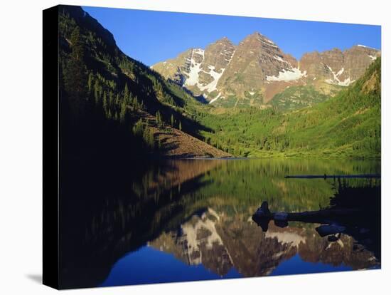 Maroon Bells Reflecting onto Lake-James Randklev-Stretched Canvas