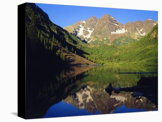 Maroon Bells Reflecting onto Lake-James Randklev-Stretched Canvas