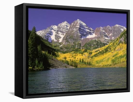 Maroon Lake and Autumn Foliage, Maroon Bells, CO-David Carriere-Framed Stretched Canvas