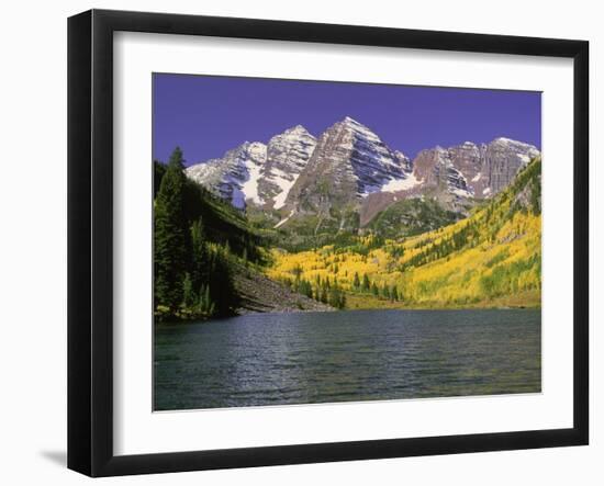 Maroon Lake and Autumn Foliage, Maroon Bells, CO-David Carriere-Framed Premium Photographic Print