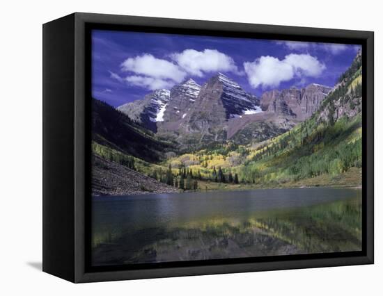 Maroon Lake and Autumn Foliage, Maroon Bells, CO-David Carriere-Framed Stretched Canvas