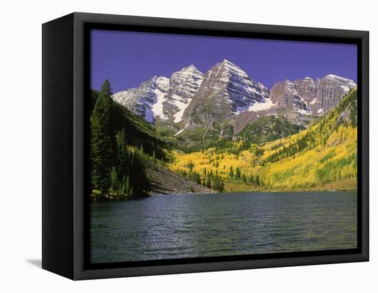 Maroon Lake and Autumn Foliage, Maroon Bells, CO-David Carriere-Framed Stretched Canvas