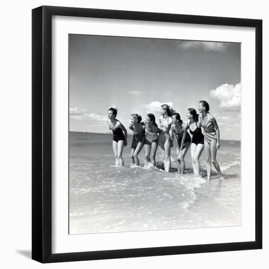 Marquis De Cuevas" Company on the Beach at Deauville: 7 Girls, 7 Nationalities-null-Framed Premium Photographic Print