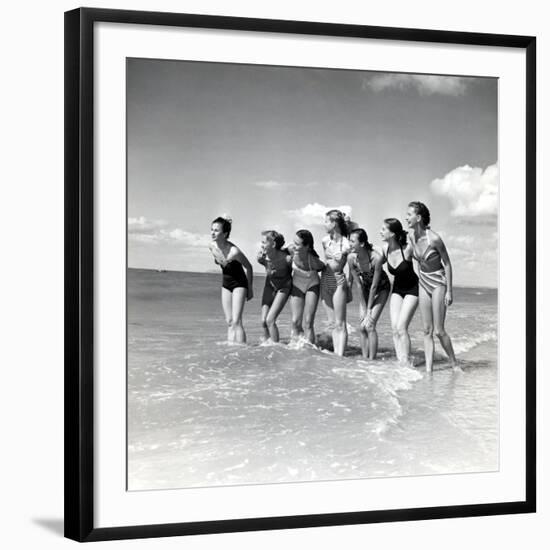 Marquis De Cuevas" Company on the Beach at Deauville: 7 Girls, 7 Nationalities-null-Framed Photographic Print