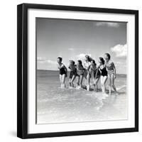 Marquis De Cuevas" Company on the Beach at Deauville: 7 Girls, 7 Nationalities-null-Framed Photographic Print