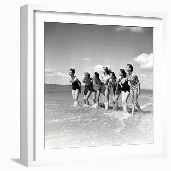 Marquis De Cuevas" Company on the Beach at Deauville: 7 Girls, 7 Nationalities-null-Framed Photographic Print