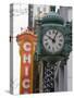 Marshall Field Building Clock and Chicago Theatre Behind, Chicago, Illinois, USA-Amanda Hall-Stretched Canvas