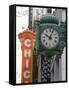 Marshall Field Building Clock and Chicago Theatre Behind, Chicago, Illinois, USA-Amanda Hall-Framed Stretched Canvas