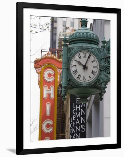 Marshall Field Building Clock and Chicago Theatre Behind, Chicago, Illinois, USA-Amanda Hall-Framed Photographic Print