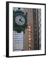 Marshall Field Building Clock and Oriental Theatre Sign, Theatre District, Chicago, Illinois, USA-Amanda Hall-Framed Photographic Print