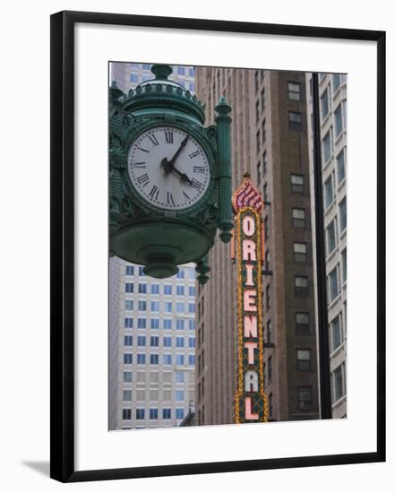 Marshall Field Building Clock and Oriental Theatre Sign, Theatre District, Chicago, Illinois, USA-Amanda Hall-Framed Photographic Print