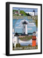Martha's Vineyard - Lighthouses Montage-Lantern Press-Framed Art Print