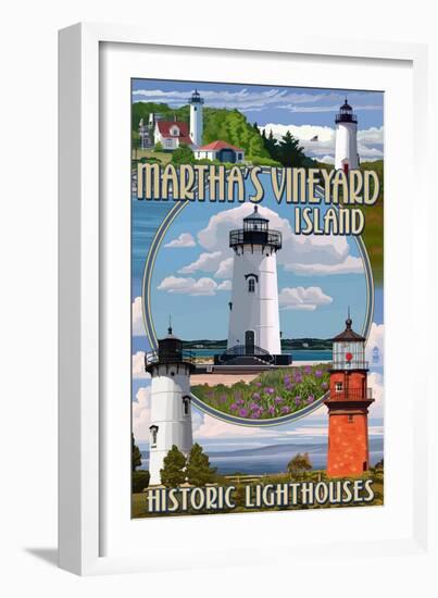 Martha's Vineyard - Lighthouses Montage-Lantern Press-Framed Art Print