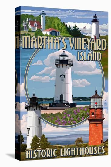 Martha's Vineyard - Lighthouses Montage-Lantern Press-Stretched Canvas