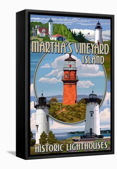 Martha's Vineyard, Massachusetts - Lighthouse Montage-Lantern Press-Framed Stretched Canvas