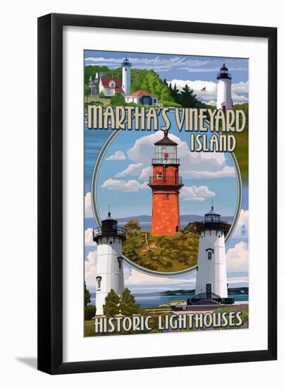 Martha's Vineyard, Massachusetts - Lighthouse Montage-Lantern Press-Framed Art Print
