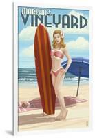 Martha's Vineyard, Massachusetts - Pinup Girl Surfer-Lantern Press-Framed Art Print