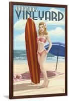 Martha's Vineyard, Massachusetts - Pinup Girl Surfer-Lantern Press-Framed Art Print