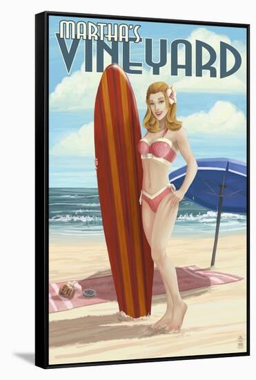 Martha's Vineyard, Massachusetts - Pinup Girl Surfer-Lantern Press-Framed Stretched Canvas