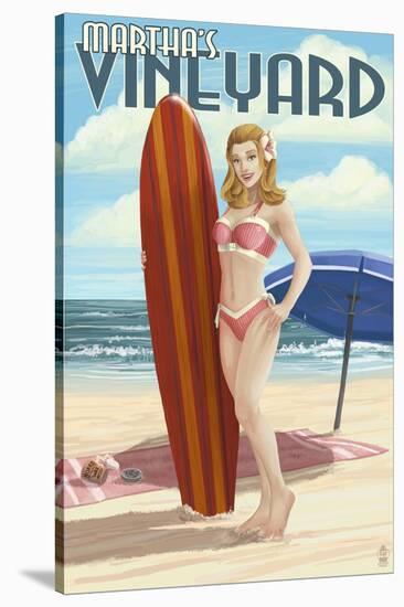 Martha's Vineyard, Massachusetts - Pinup Girl Surfer-Lantern Press-Stretched Canvas