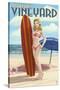 Martha's Vineyard, Massachusetts - Pinup Girl Surfer-Lantern Press-Stretched Canvas