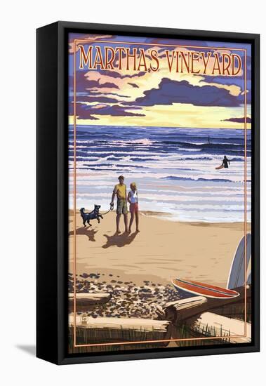Martha's Vineyard, Massachusetts - Sunset and Beach Scene-Lantern Press-Framed Stretched Canvas