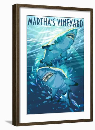 Martha's Vineyard - Stylized Tiger Sharks-Lantern Press-Framed Art Print