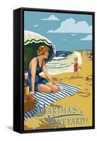 Martha's Vineyard - Woman on Beach-Lantern Press-Framed Stretched Canvas