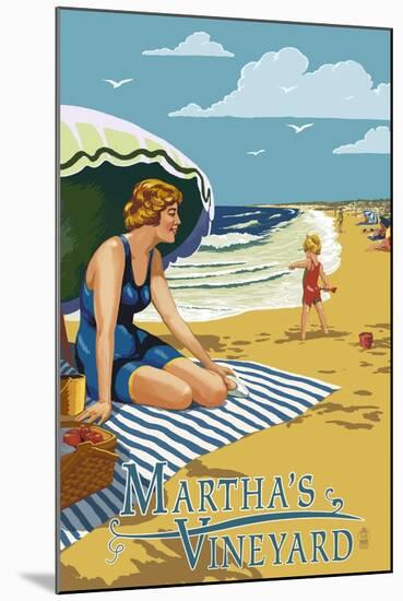 Martha's Vineyard - Woman on Beach-Lantern Press-Mounted Art Print