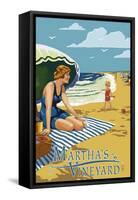 Martha's Vineyard - Woman on Beach-Lantern Press-Framed Stretched Canvas