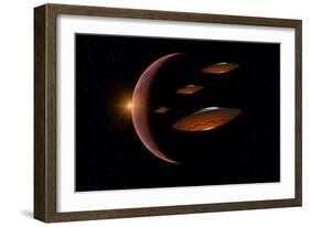 Martians Evacuating their Homeworld, Mars, in Flying Saucers-null-Framed Art Print