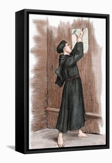 Martin Luther (1483-1546) Hanging His 95 Theses in Wittenberg, 1517-null-Framed Stretched Canvas