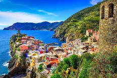 Scenic View of Colorful Village Vernazza and Ocean Coast in Cinque Terre, Italy-Martin M303-Stretched Canvas