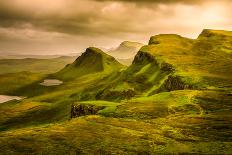Scenic View of Quiraing Mountains Sunset with Dramatic Sky, Scotland-MartinM303-Photographic Print