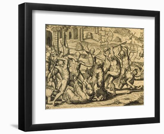 Martyrdom of Missionary Monks in South America, Engraving from Historia Americae-Theodor de Bry-Framed Giclee Print