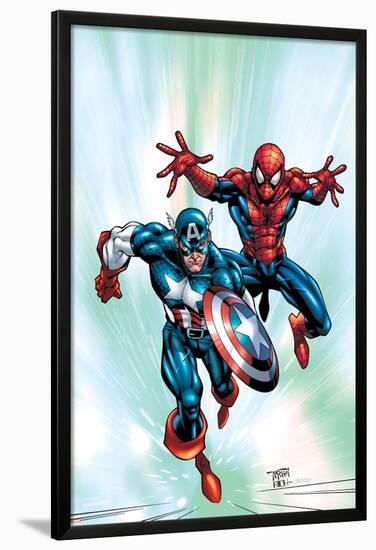 Marvel Age Team Up No.2 Cover: Spider-Man and Captain America Fighting and Flying-Randy Green-Lamina Framed Poster