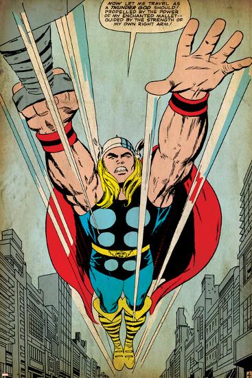 Marvel Comics Retro: Mighty Thor Comic Panel, Flying (aged)-null-Lamina Framed Poster