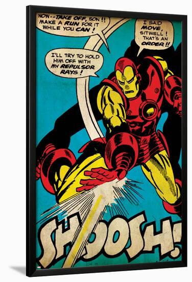 Marvel Comics Retro: The Invincible Iron Man Comic Panel, Fighting and Shooting, Shoosh! (aged)-null-Lamina Framed Poster
