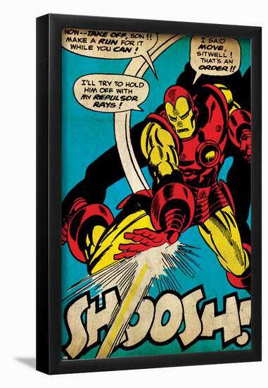 Marvel Comics Retro: The Invincible Iron Man Comic Panel, Fighting and Shooting, Shoosh! (aged)-null-Framed Poster