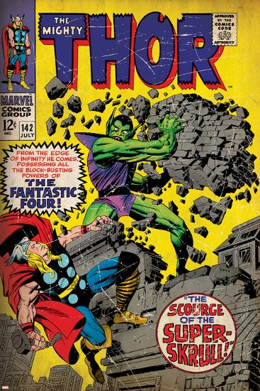 Marvel Comics Retro: The Mighty Thor Comic Book Cover No.142, Scourge of the Super Skrull! (aged)-null-Lamina Framed Poster