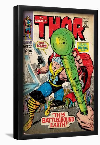 Marvel Comics Retro: The Mighty Thor Comic Book Cover No.144, Charging, Swinging Hammer (aged)-null-Framed Poster