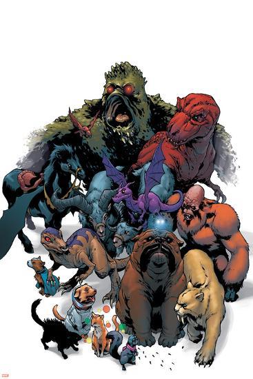 Marvel Pets Handbook Cover: Lockjaw, Lockheed, Devil Dinosaur, Zabu and Old Lace-Karl Kerschl-Lamina Framed Poster