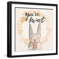 Marvelous Card with Sweet Rabbit Holding Heart. Awesome Background Made in Watercolor Technique. Pa-smilewithjul-Framed Art Print