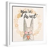 Marvelous Card with Sweet Rabbit Holding Heart. Awesome Background Made in Watercolor Technique. Pa-smilewithjul-Framed Art Print