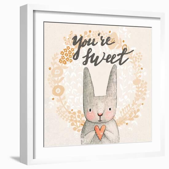 Marvelous Card with Sweet Rabbit Holding Heart. Awesome Background Made in Watercolor Technique. Pa-smilewithjul-Framed Art Print